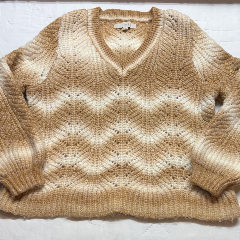 LOFT Spacedye V-Neck Cable Knit Pullover Sweater - Tan Cream Beige - Size‎ XL